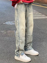 Men Jeans Washed Zipper Jeans Spring and Autumn Vintage Casual Loose Trousers